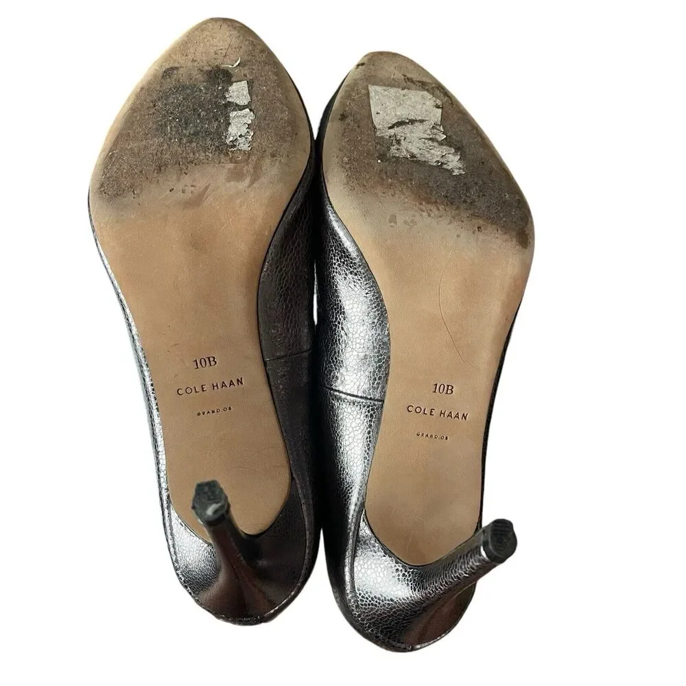 Cole Haan 10 B High Heels Metallic Pewter Silver Leather Almond Toe - Picture 11 of 12